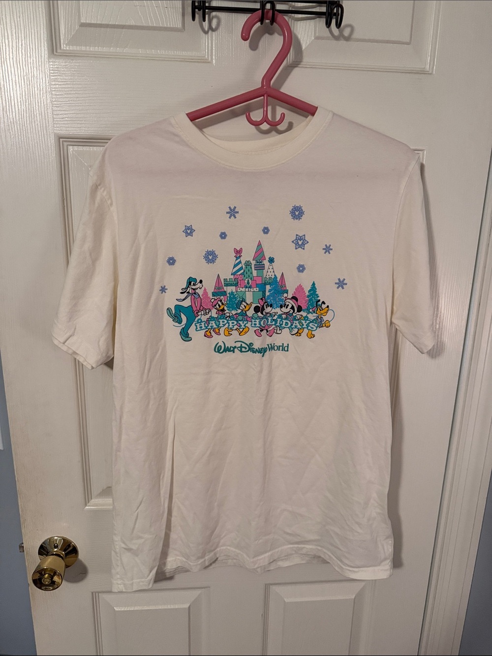 Disney cream Holiday Castle Graphic Tee with Blue and Pink Accents